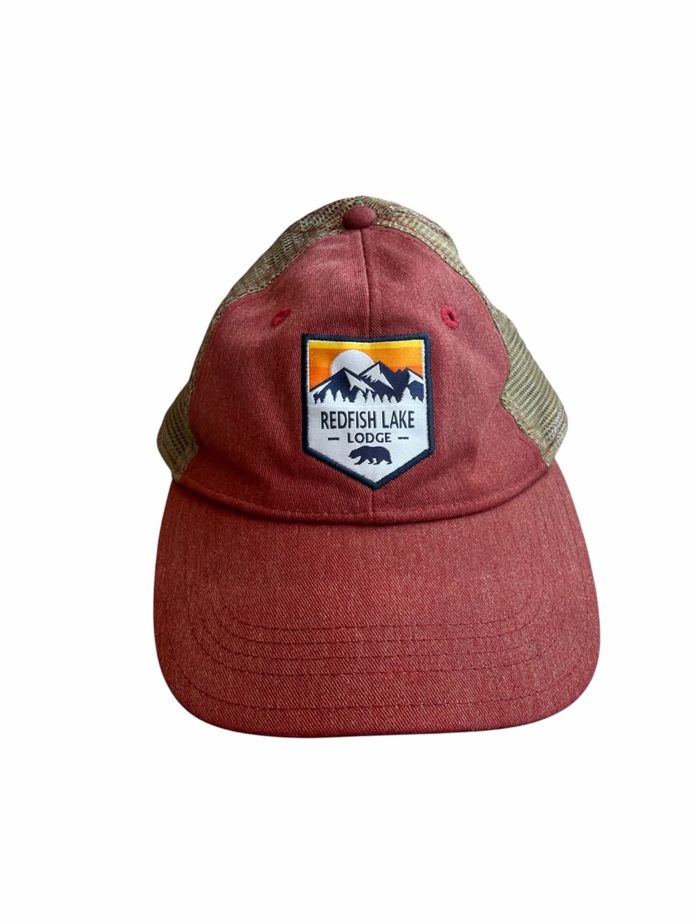 Unisex Redfish Lake Lodge Patch Trucker Hat in Rust Red and Khaki